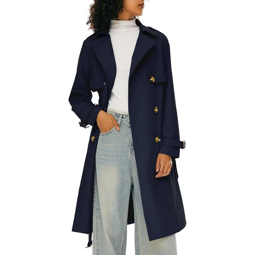 Women's Navy Length Double Breasted Trench Coat Lapel Jacket with Belt